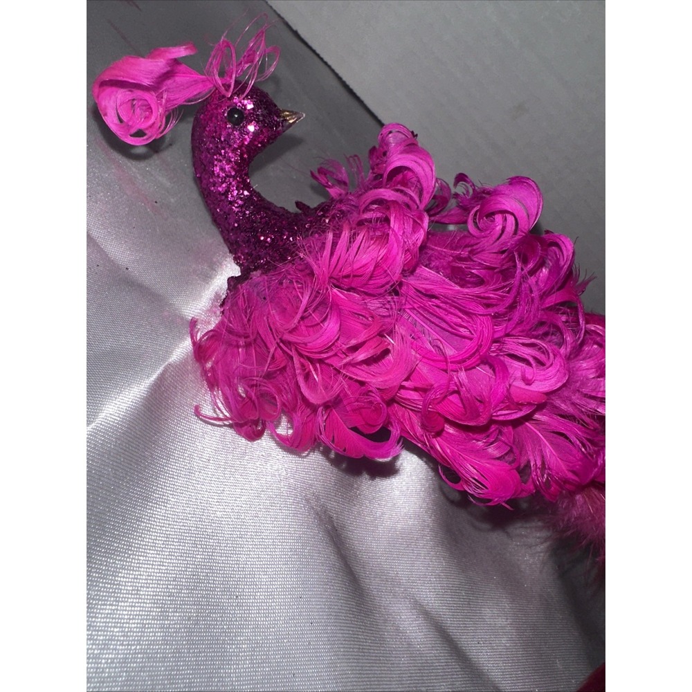 Pink Purple Glitter Peacock Feather Christmas Ornament Clip On Long Tail 16 Inch